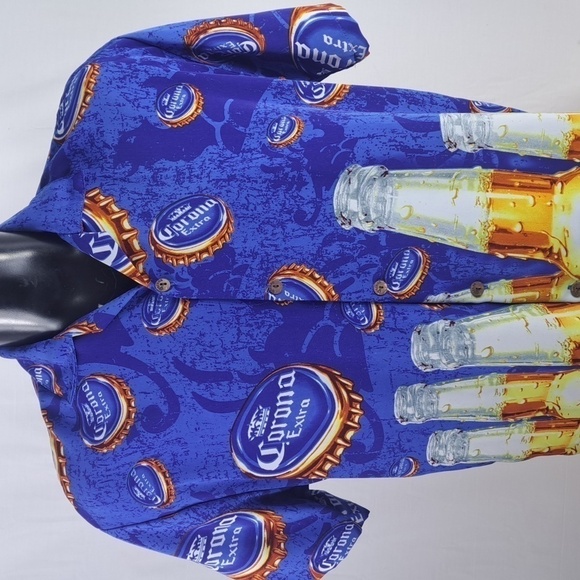 Corona Extra beer AOP spellout LG blue & yellow casual button-down summer shirt - Picture 2 of 5